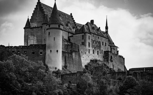 Чорно-біле фото середньовічного замку на пагорбі серед дерев
