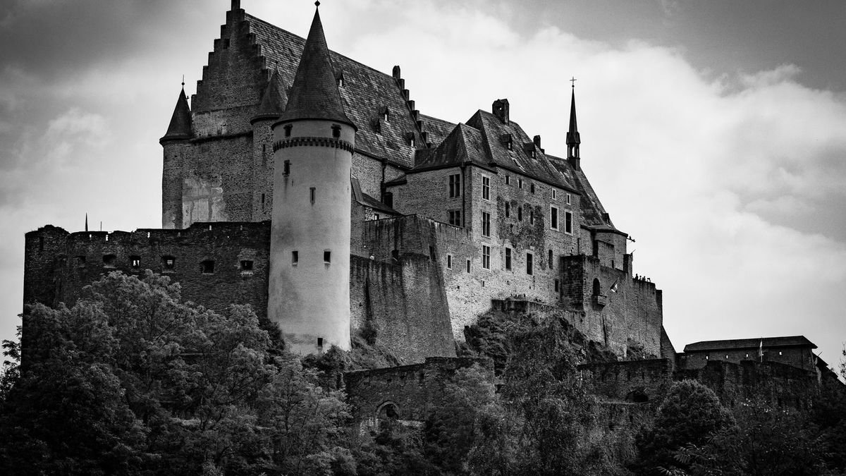 Чорно-біле фото середньовічного замку на пагорбі серед дерев