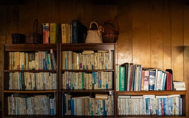 Дерев’яні книжкові полиці з японськими книжками