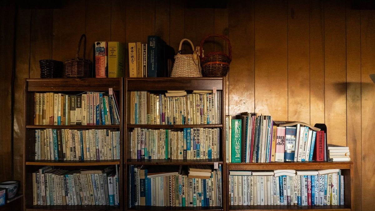 Дерев’яні книжкові полиці з японськими книжками